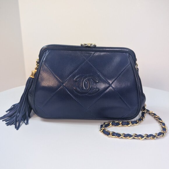 CHANEL Handbags - Chanel Vintage Blue Quilted Lambskin Kisslock Tassel Clutch